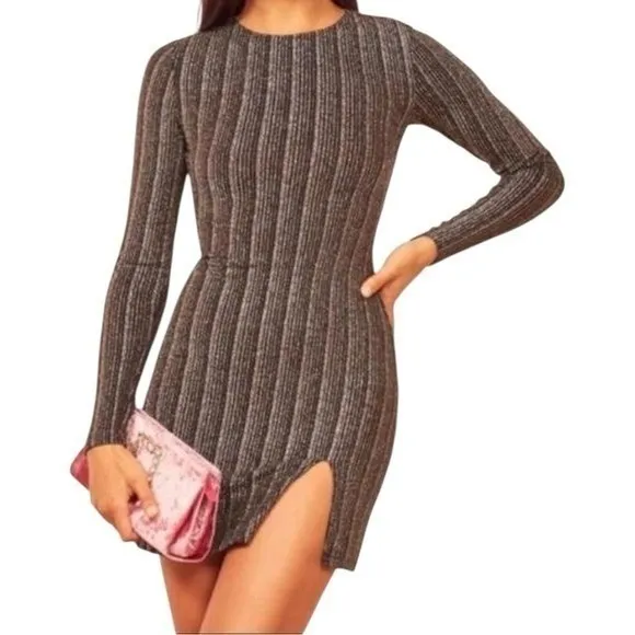 Reformation Mini Dress Metallic / Black Long Sleeve Ribbed Small‎ NEW - Image 2