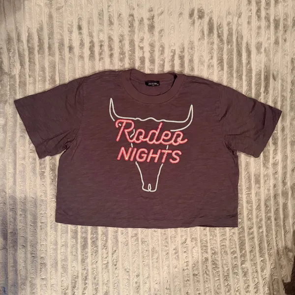 Zutter USA Rodeo Nights Graphic Crop Top Charcoal Gray Western Bull Skull Medium - Image 2