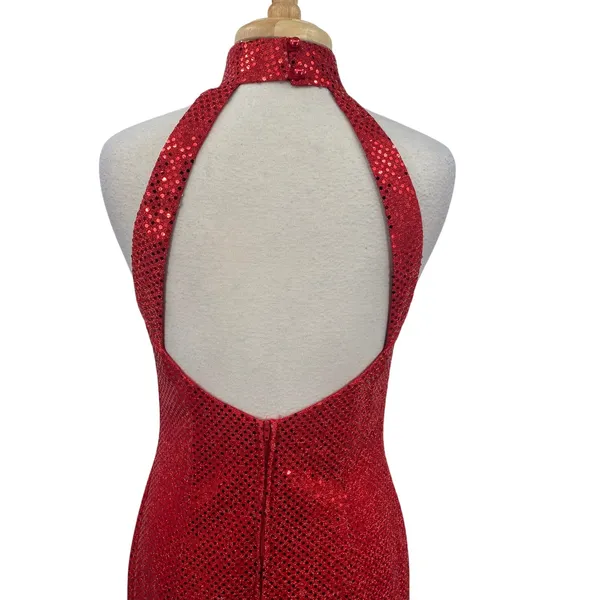 Vintage 90s Sequined High Neck Gown Open Back Maxi Dress Red Womens 8 - Image 9