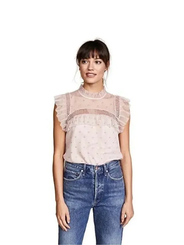 BB Dakota Roslyn Swiss Dot Victorian Blouse Champagne Pink Blush Shirt Medium - Image 8