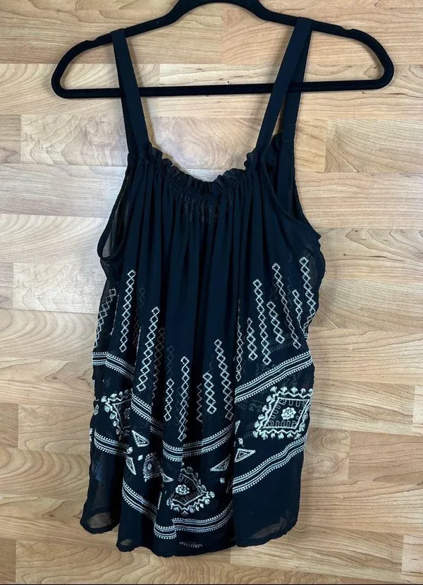 Cecico Sheer Tank Blouse w/Embroidery and a keyhole front tie Black - Image 4