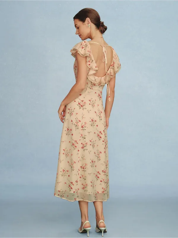 Rihoas Yellow Butterfly Sleeve Tie Floral Midi Dress - Image 5