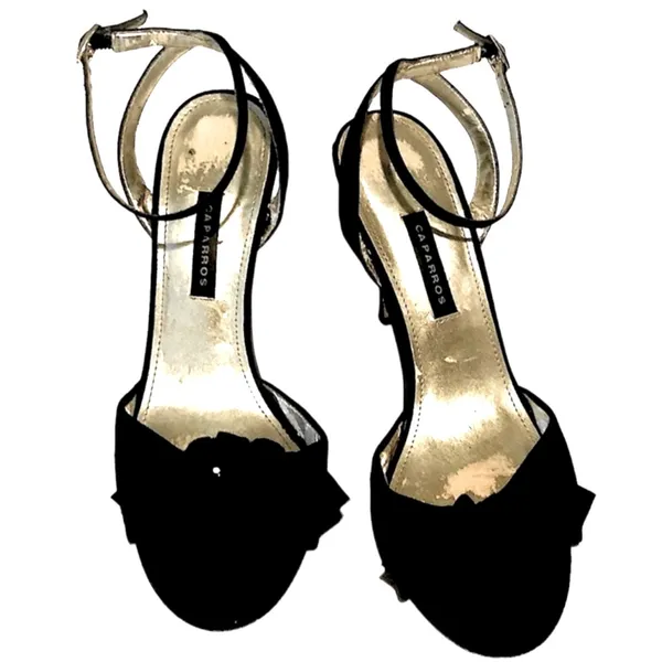 Caparros Black Satin Gold Beaded Rose Ankle Strap Heels 6.5 - Image 2