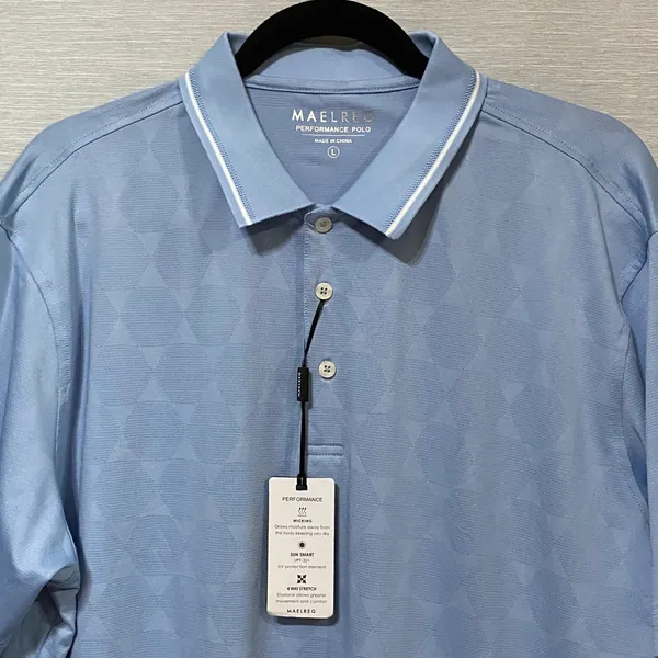 MAELREG Performance Polo Light Blue Geometric Jacquard UPF 30+ Mens Large NEW - Image 3