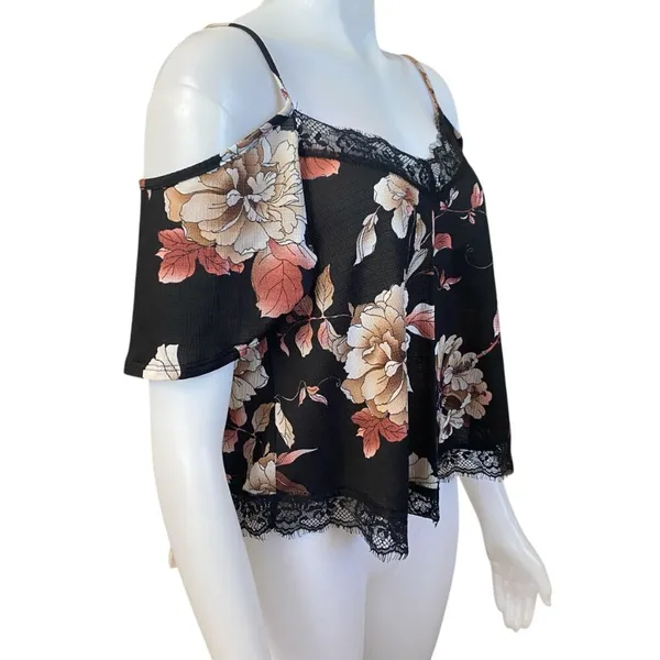 Free Press Clothing black pink floral off the shoulder short sleeve crop top M - Image 2
