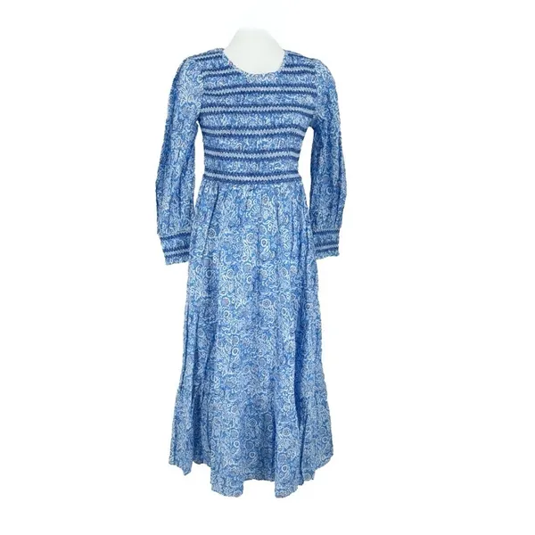 NWT Pink City Prints Isabel Dress XS Ornate Sky Blue Cotton Smocked Midi - Image 5