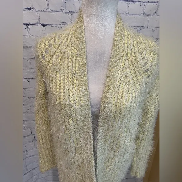 Anthropologie Women larkin Shimmer Knit Cardigan M Yellow Fuzzy Cozy - Image 2