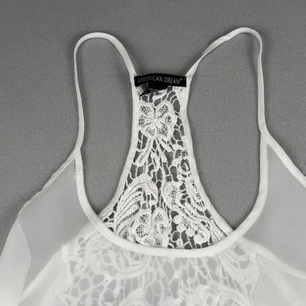 American Dream Womens White Lace Racerback Tank Top Sheer Flowy Boho Size L - Image 7