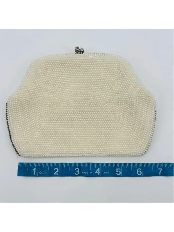 Vintage Beaded Pearl Kisslock Clutch Off-White Silver - Image 2