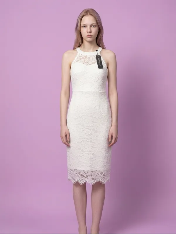 White Lace with Satin Finish Halter Sheath Dress Size M - Image 2