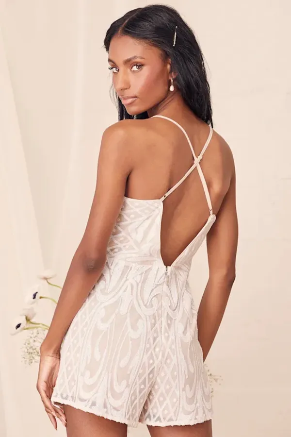 Lulus White Sequin Romper Nude Lining Size L NWT Bridal Party Bachelorette - Image 2