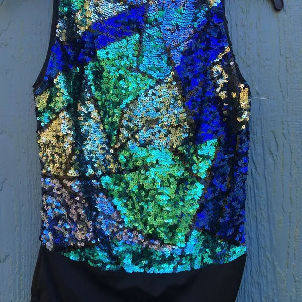 Oleg Cassini Black Tie Vintage Blue Green Sequin Sleeveless Dance Bodysuit S v6x - Image 4