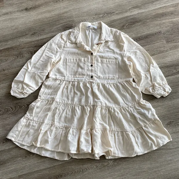 ZARA poplin long collared shirt dress tiered cream ivory ecru 3/4 sleeve large - Image 3
