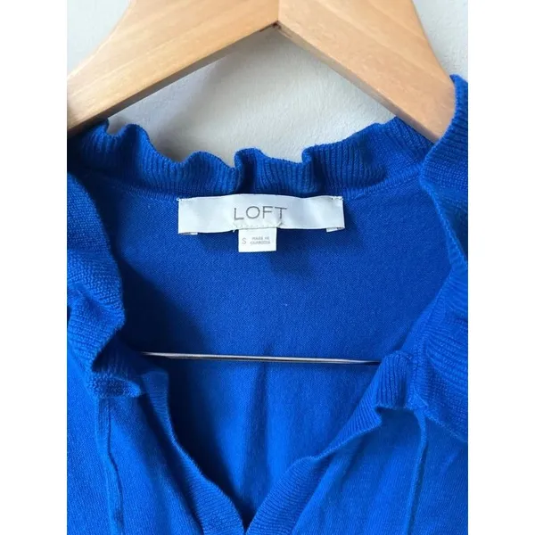 LOFT Electric Blue Ruffle Neck Short Sleeve Sweater Small - Image 2