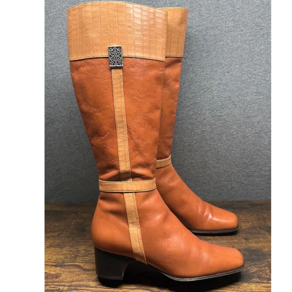 Brighton Gwen Boots Women 7.5 M Brown Leather Tall Knee High Croc Italy - Image 3