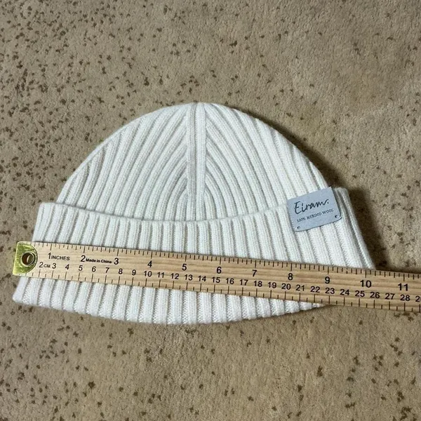 Eiram Cream Ribbed Beanie 100% Merino Wool Cuffed‎ Knit Winter Hat Off-White - Image 4
