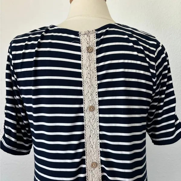 Exist Navy Blue & White Short Sleeve Striped Crochet Accent Button Back T-Shirt Dress - Image 3