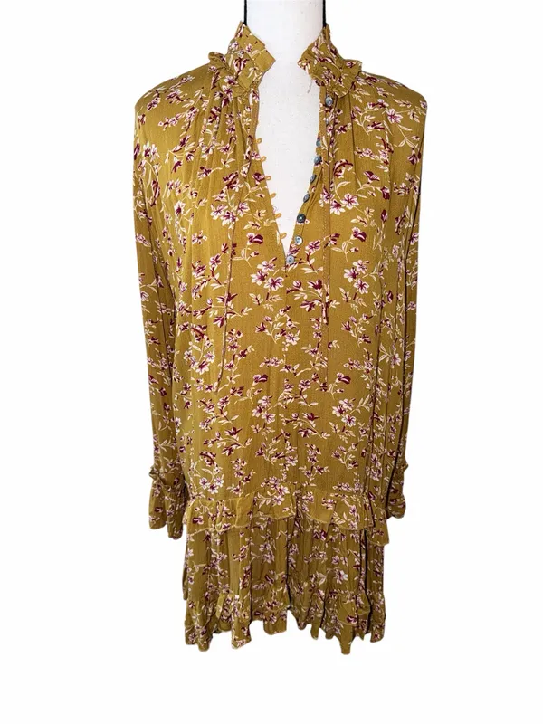 Pink Diamond Mustard Floral Ruffled Tiered Dress NWT Bohemian Mini Peasant M - Image 2