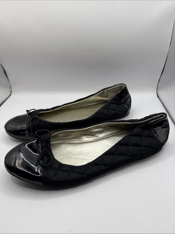 Justice Black Quilted Ballet Flats Patent Toe Bow Slip On Shoes Size 8 - Image 5