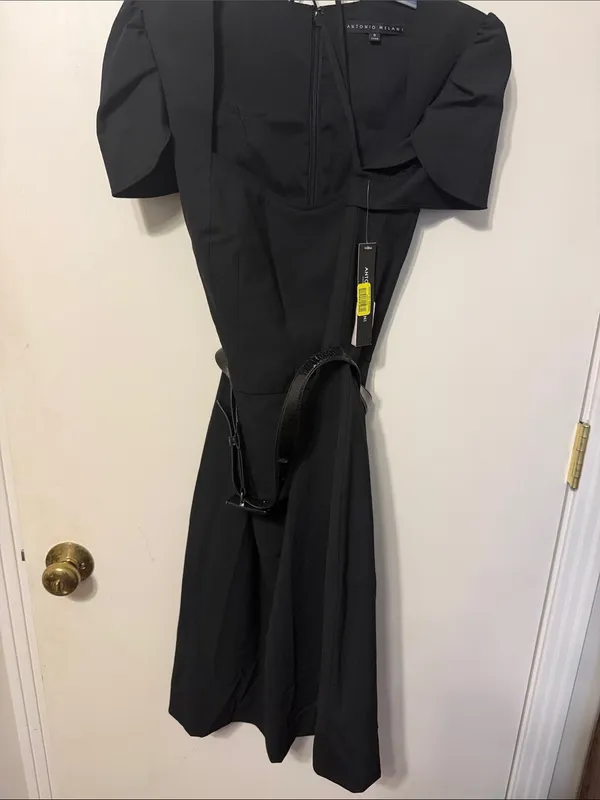 ANTONIO MELANI Black Midi Dress with Puff Sleeves - Image 3