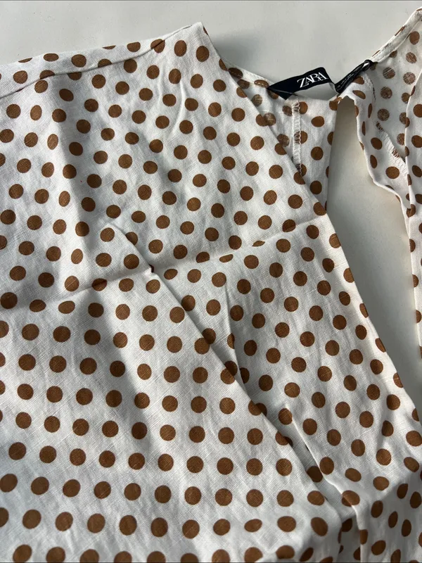 ZARA Linen Blend Polka Dot Crop Deep V Neck Tie Back Blouse Top White Mustard M - Image 6