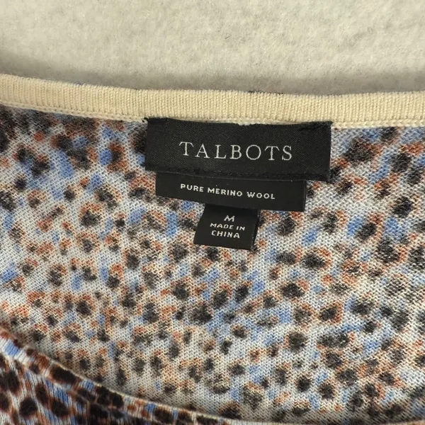 Talbots Sweater‎ Womens Medium Blue Brown Leopard Merino Wool Crew Neck Pullover - Image 4