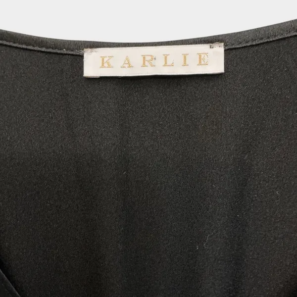 Karlie Black Satin Smocked V-Neck Mini Dress Lantern Sleeve Ruffle Hem - Image 4