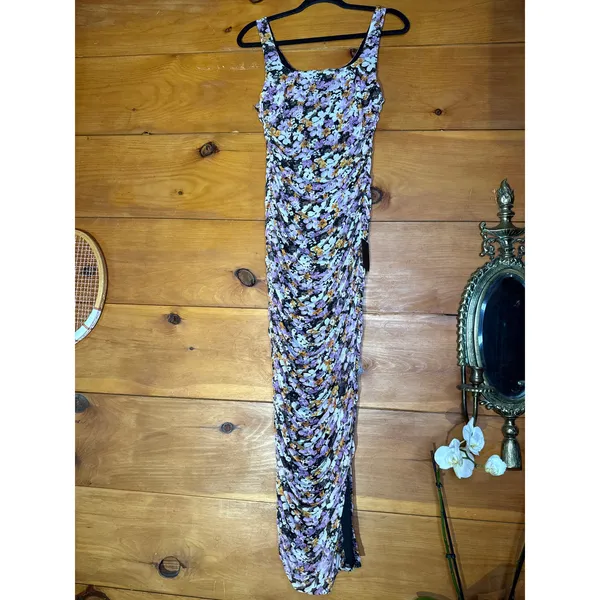 NWT Lulus V.I.P. Treatment Black Floral Mesh Ruched Bodycon Midi Dress Cruise M - Image 2
