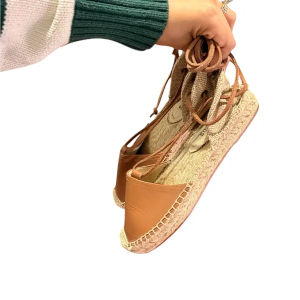 SALUDOS Wrap Gladiator Leather Tan Espadrille Flats Size 6 - Image 6
