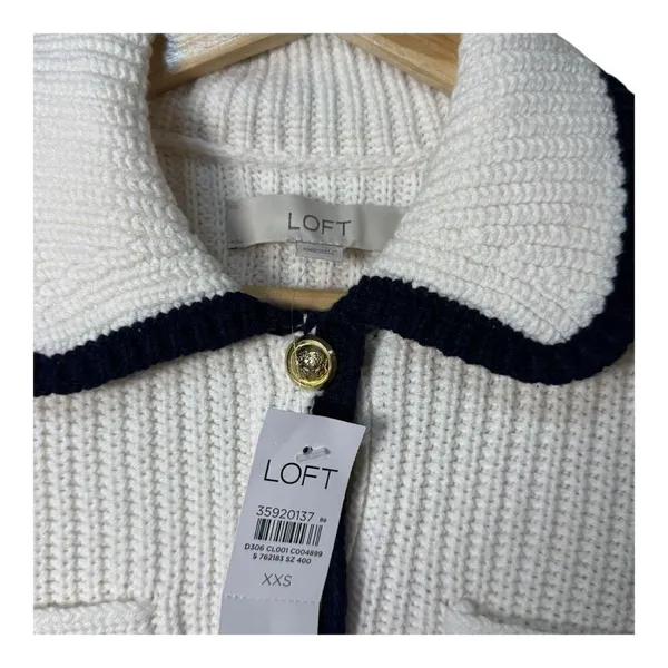 Loft tipped ribbed sweater‎ jacket cream navy blue trim xxs - Image 6