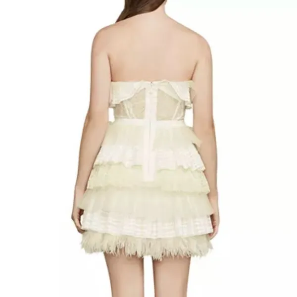 BCBGMAXAZRIA Owen Feather-Trim Ruffled Strapless Dress Size Small Cream White - Image 3