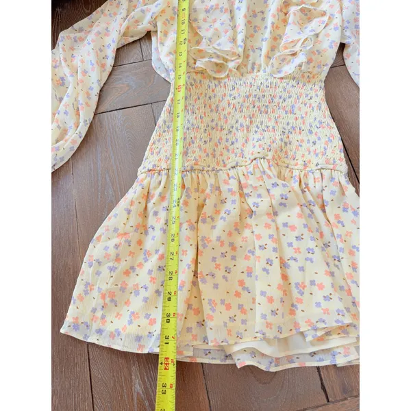 Sabo Skirt Floral Mini Dress Womens Yellow Small Smocked Ruffle Open Back - Image 8