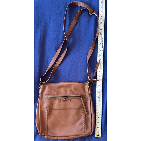 Cognac Brown Faux Leather Crossbody Bag with Whipstitch Detail and Multi Pockets - Image 4