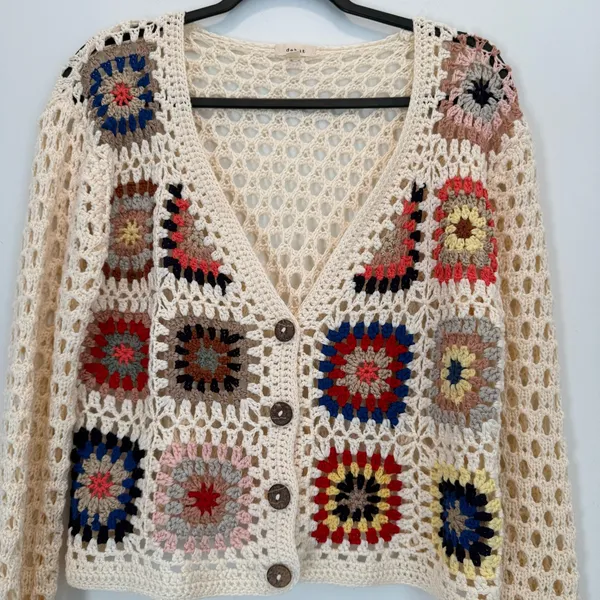 Debut Crochet Cream Granny Square Cardigan Sweater size M - Image 2