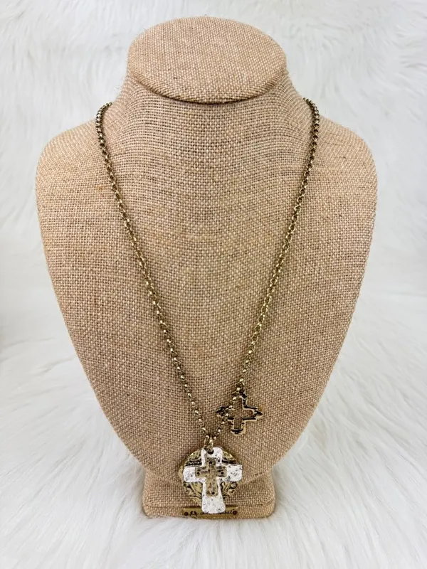 Long Gold Tone Cross Statement Pendant Necklace Double Cross Charm - Image 4