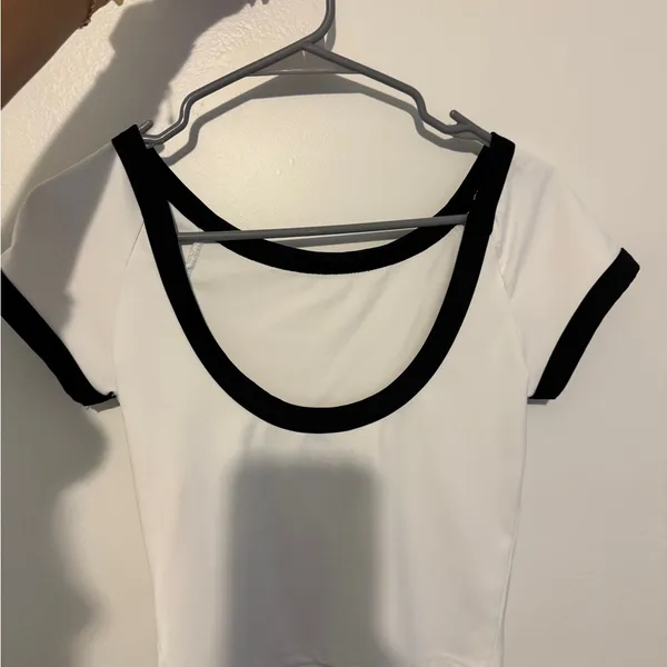 Women's White Crop Top with Black Trim - Modern Contrast Tee - Image 4