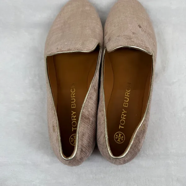 Tory Burch Dusty Rose Velvet Ribbed Smoking Slipper Loafers Gold Trim Flats 9.5‎ - Image 8