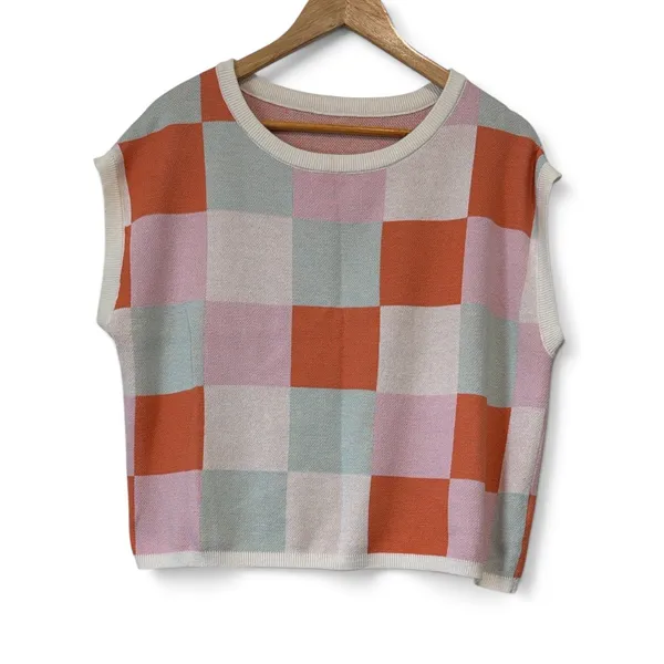 Womens Checkerboard Knit Sweater Vest Cropped Boxy Crew Neck Top Disco Festival - Image 4