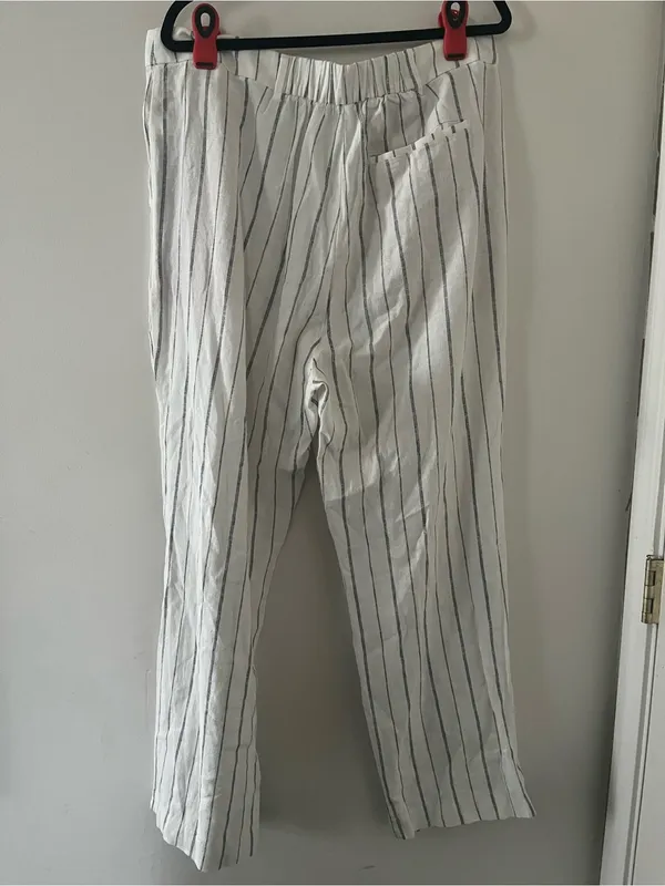 Old Navy White Gray Pinstripe Taylor Wide Leg Trouser Pants XL Linen Coastal - Image 5