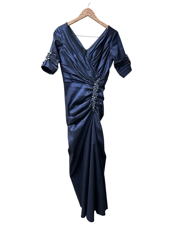 Tadashi Shoji Side Ruched Jeweled Beaded Long Maxi Gown Dress Navy Blue 8 - Image 3
