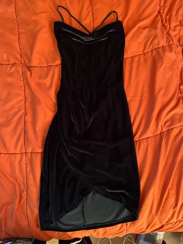 Black Velvet Tulip Open Back Tie Up Dress - Image 2