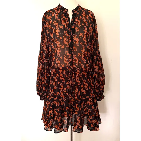 Lulus Sashay My Way Black Floral Print Long Sleeve Chiffon Mini Dress Sz M - Image 2