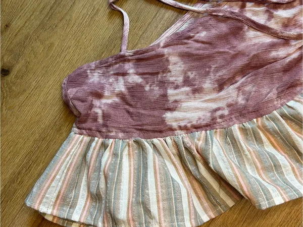 XL Boutique Pink/Purple white Tie-dye Cotton Blouse Striped Ruffle Peplum Crop - Image 9
