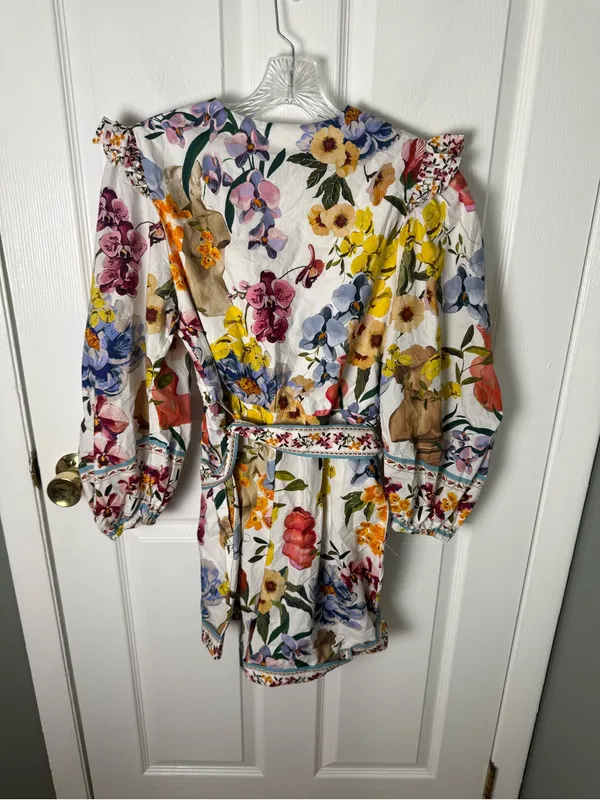Farm Rio Greek Garden Long Sleeve Plunge Neck Cotton Romper S - Image 8