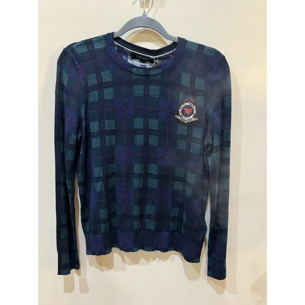 Lauren Ralph Lauren Women Black Watch Plaid Green Sweater Beaded Crest Size PXL - Image 3