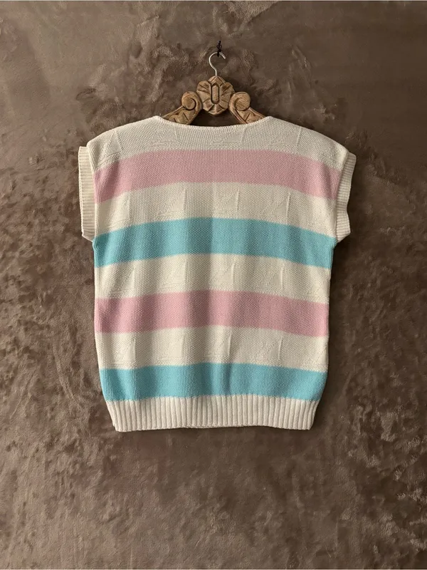 Women’s Pastel Striped Knit Top — Pink, Blue & White Size M/L - Image 2
