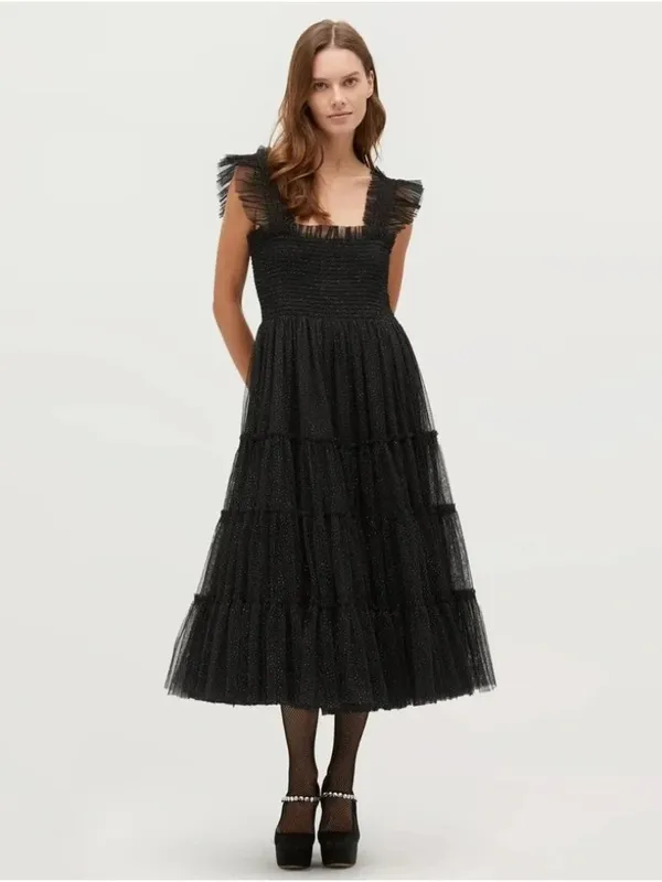 NWT Hill House Collector's Ellie Nap in Black Glitter Tulle Smocked Midi Dress M - Image 4