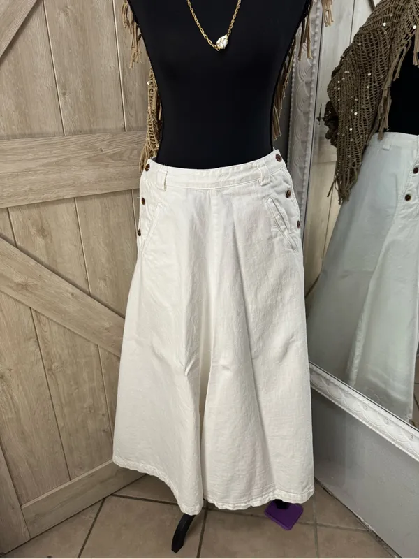 Free People White Denim Maxi Skirt - Boho Flared Side-Button Midi - Image 2