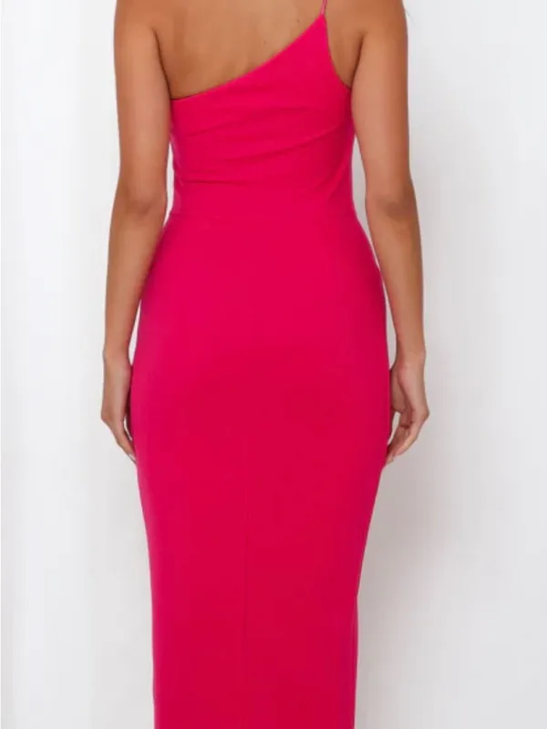 Hello Molly One-Shoulder Fuchsia Midi Dress with Side Slit - Image 4