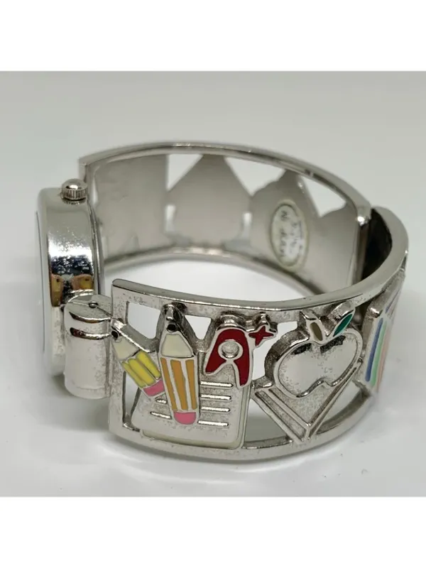 Geneva Teacher School cuff bracelet watch 26mm silver tone quartz running - Image 5